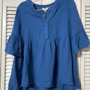 Umgee Steel Blue Ruffle Sleeve Blouse